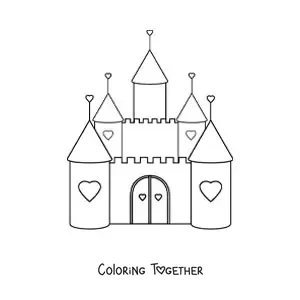 Coloring page of a kawaii castle decorated with hearts
