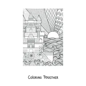 Coloring page of a castle drawn with a geometric design