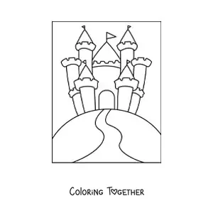 Coloring page of a castle on a hill