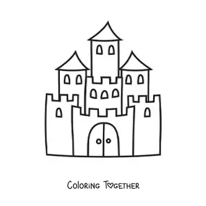 Coloring page of a castle with three towers and a wall