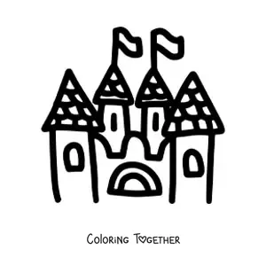 Coloring page of a cartoon castle with four towers and pennants