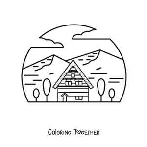Coloring page of a cabin surrounded by mountains