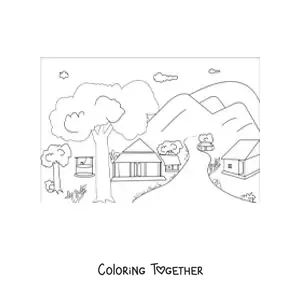 Coloring page of a landscape with several cabins