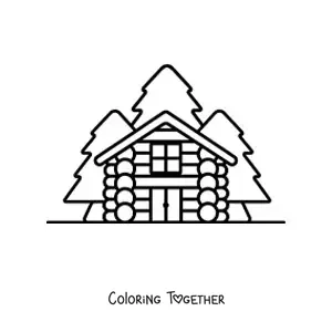 Coloring page of a cabin in the forest