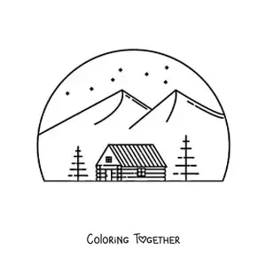 Coloring page of a cabin on a mountain