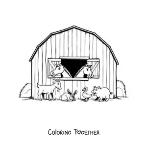 Coloring page of a farm stable with two horses and other cartoon animals