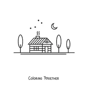 Coloring page of a cabin in a forest at night
