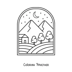 Coloring page of a forest landscape with a cabin