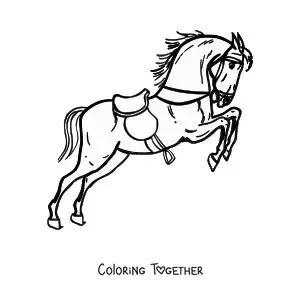 Coloring page of a saddled horse with reins jumping off its hind legs