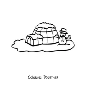 Coloring page of an igloo with a snowman