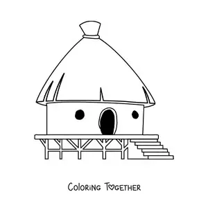 Coloring page of a traditional hut on a wooden base