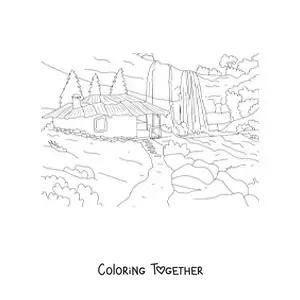 Coloring page of a hut in the middle of a forest