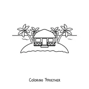 Coloring page of a hut on an island