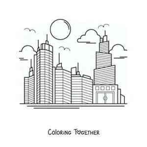 Coloring page of several skyscrapers in a city