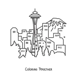 Coloring page of a landscape with skyscrapers and a mountain in the background