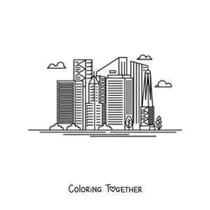 Coloring page of a modern city with skyscrapers
