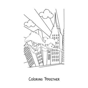 Coloring page of a superhero girl flying in a city with skyscrapers