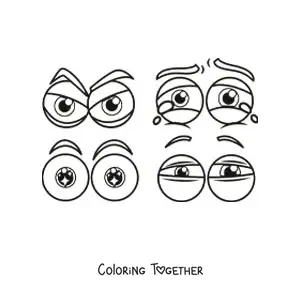 Coloring page of 4 pairs of cartoon eyes expressing different emotions