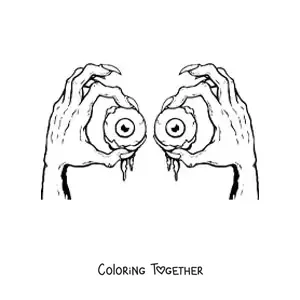 Coloring page of 2 spooky hands holding eyeballs