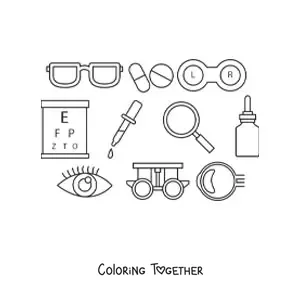 Coloring page of different ophthalmology elements