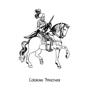 Coloring page of a knight in armor riding a horse