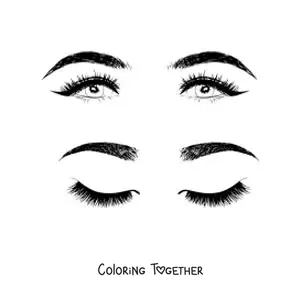 Coloring page of two pairs of realistic women's eyes and eyebrows with beautiful makeup