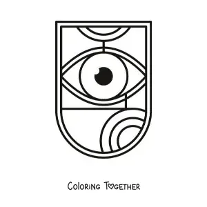 Coloring page of a shield with an eye and geometric shapes