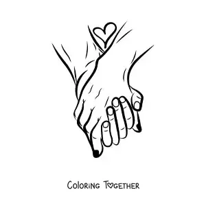 Coloring page of a couple's hands intertwined with a heart