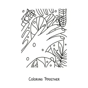 Coloring page of a pretty hand with plants in the background