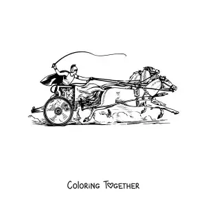 Coloring page of a Roman charioteer racing at full speed pulled by two horses
