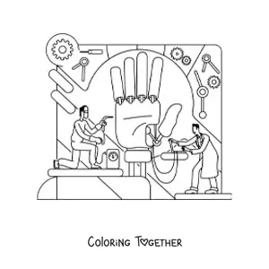 Coloring page of engineers building a giant bionic hand