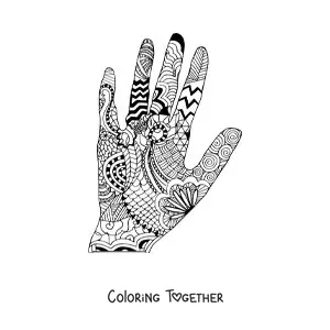 Coloring page of a hand with a mandala pattern