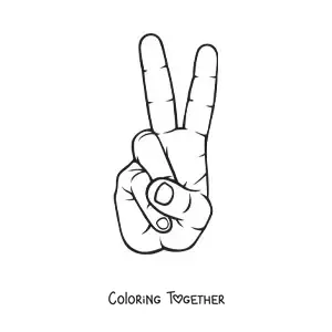 Coloring page of a hand making the peace sign