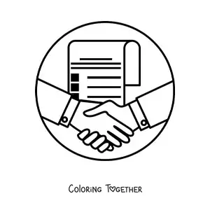 Coloring page of a handshake sealing a deal with a contract in the background