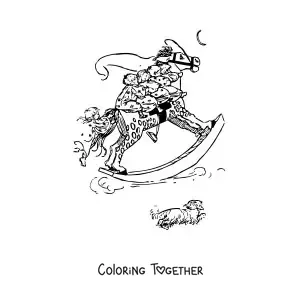 Coloring page of five little children on a big horse-shaped seesaw