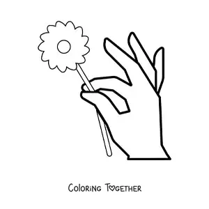Coloring page of a hand holding a flower
