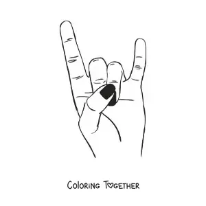 Coloring page of a hand with black nails making the rock sign