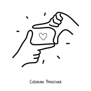 Coloring page of hands making a rectangular frame with a heart