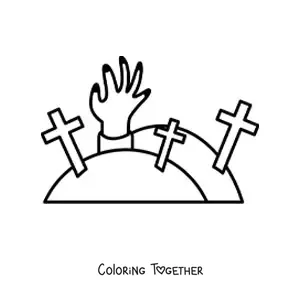 Halloween coloring page of a zombie hand in a cemetery