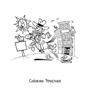 Coloring page of a cartoon cowboy riding on a sunny day