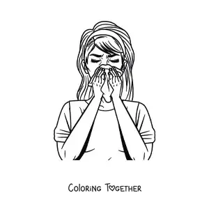 Coloring page of a girl sneezing or blowing her nose