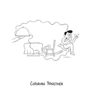 Coloring page of a man fleeing the restaurant because of the unpleasant smell of his dish