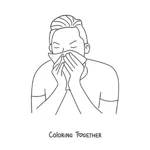 Coloring page of a man covering his nose with a tissue while sneezing
