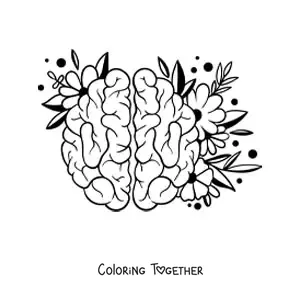 Coloring page of a cute brain with flowers