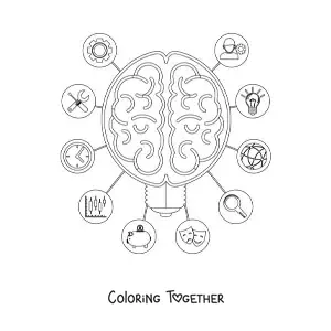 Coloring page of a brain surrounded by symbols representing thought, emotions, and intelligence