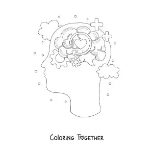 Coloring page of a human head with a brain surrounded by symbols of thought, emotions, and intelligence