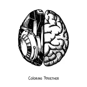 Coloring page of a brain with robotic parts seen from above