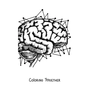Coloring page of a brain in profile surrounded by circuits