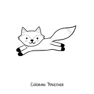 Coloring page of a smiling kawaii fox jumping