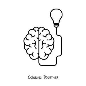 Coloring page of a brain having an idea, connected to a light bulb